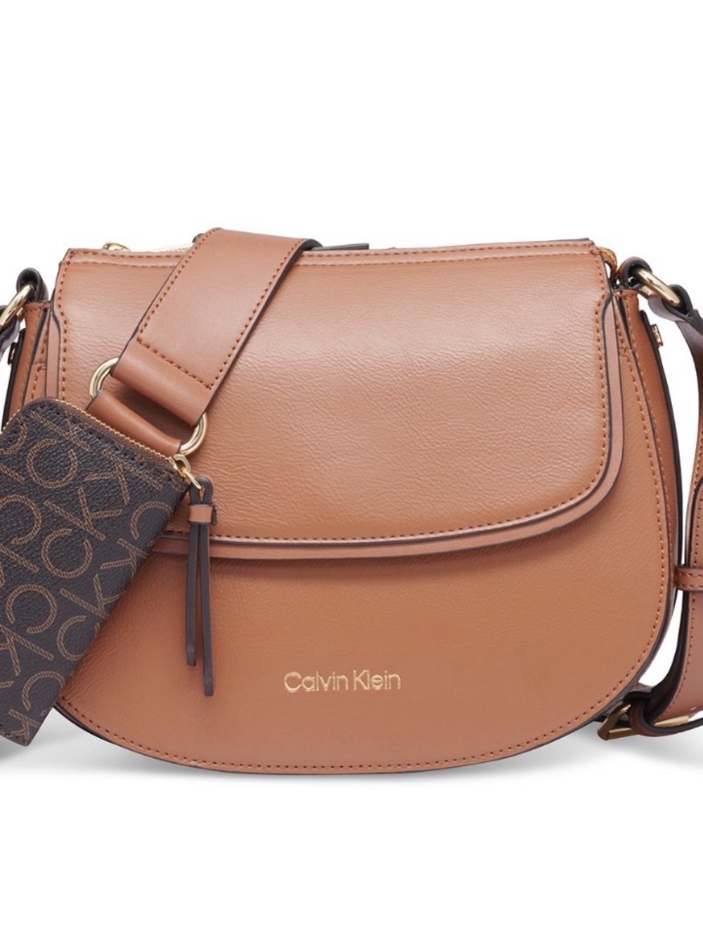 Calvin Klein Bella Cognac Saddle Crossbody with Signature Logo Pouch
